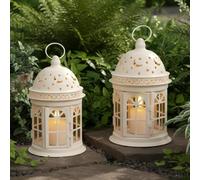 JHY DESIGN Juego de 2 Farolillos Decorativos para Velas de 21 cm de Alto Portavelas Colgantes de Metal Vintage para Interiores Exteriores Eventos Paridades Mesa Bodas Camino Jardín (Blanco)