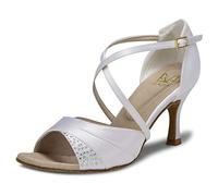 JIA JIA 20522 Latina Sandalias De Mujer 2.7 ''Talón Acampanado Super Satinado Zapatos de Baile Color Blanco,Tamaño 40 EU