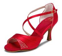 Jia Jia 20522 Sandalias de Mujer Latina 2.7 '' Tacón Acampanados Super Satinado con Zapatos de Daile de Diamantes de Imitación Color Rojo,Tamaño 40