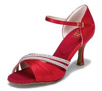 JIA JIA 20524 Latina Sandalias De Mujer 2.7 ''Talón Acampanado Super Satinado Zapatos de Baile Color Rojo,Tamaño 38 EU