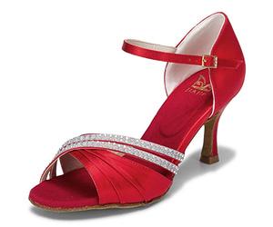 JIA JIA 20524 Latina Sandalias De Mujer 2.7 ''Talón Acampanado Super Satinado Zapatos de Baile Color Rojo,Tamaño 40 EU