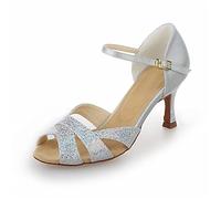 Jia Jia Y2054 - Sandalias de baile latino de tacón para mujer, descubiertas, supersatinadas y con lentejuelas, color plateado, talla 36