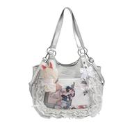 JIABAOZ Bolso Ita Bag Y2K JK, Bolso Kawaii con Lazo y Encaje, Ventana Transparente para Exhibir Pins Anime, Bolso de Mano Estético con Correa Ajustable para Cosplay y Uso Diario (Silver)