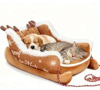 JIABAOZ Christmas Sleigh Dog Beds, Pet Sleigh Bed, Non-Slip Cat Bed Warm, Washable Dogs Beds, Washable Durable Indoor Outdoor Use for Dogs and Cats (Brown,S)
