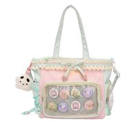 JIABAOZ Kawaii Ita Bag con Ventana Transparente para Pines Anime, Bolso Tote Impermeable de Oxford con Volantes, Gran Capacidad, Bandolera para Fans (Green)
