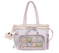 JIABAOZ Kawaii Ita Bag con Ventana Transparente para Pines Anime, Bolso Tote Impermeable de Oxford con Volantes, Gran Capacidad, Bandolera para Fans (Purple)