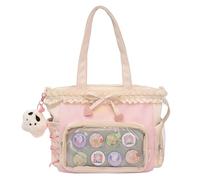 JIABAOZ Kawaii Ita Bag con Ventana Transparente para Pines Anime, Bolso Tote Impermeable de Oxford con Volantes, Gran Capacidad, Bandolera para Fans (Beige)