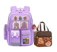 JIABAOZ Mochilas Capibara, Mochila Capibara Niña, Mochila Capibara Escolar Grande Conjunto con Bolsa de Almuerzo,Set de Regalos para el Nuevo Semestre para Escuela (Purple)