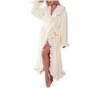 JIABAOZ Women's Fleece Robes Fuzzy Ruffle Plush Soft Robes Fluffy Warm Long Bathrobe Comfy House Coat Adults Lightweight Solid Color Sherpa Winter with Pockets (White,M)