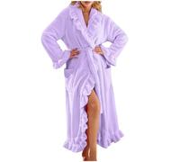 JIABAOZ Women's Fleece Robes Fuzzy Ruffle Plush Soft Robes Fluffy Warm Long Bathrobe Comfy House Coat Adults Lightweight Solid Color Sherpa Winter with Pockets (Purple,L)
