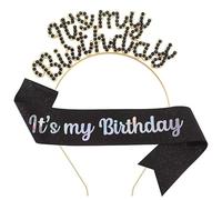 JIAHANG Diadema y banda con letras de cristal de cumpleaños para niñas y mujeres, juego de diadema y banda de corona de cumpleaños para niñas y mujeres, accesorios para el cabello