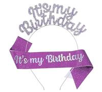 JIAHANG Diadema y banda con letras de cristal de cumpleaños para niñas y mujeres, juego de diadema y banda de corona de cumpleaños para niñas