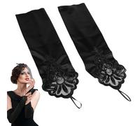 JiaHeHe Guantes largos para mujer, guantes de encaje retro sin dedos, negros, elegantes, de satén, 42 cm, para ópera, baile, boda, fiesta, vintage, elásticos, para ocasiones formales