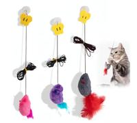 JiaHeHe - Juego de 3 juguetes colgantes para gatos, juguete interactivo con ratón de peluche y cola de plumas, cuerda elástica ajustable, juego dinámico y sin pilas, juguete para gato interior