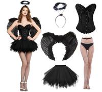Jiahuade Disfraz de ángel negro, 5 unidades de alas de ángel con halo, alas de ángel y diablo, disfraz de alas de ángel para mujer, para Halloween, carnaval, cosplay, fiesta de disfraces a ray of