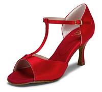 JIAJIA 20511 Sandalias Satén Mujer 7,5cm Tacón Ancho Baile Latino Salsa Profesionales Color Rojo,Tamaño 36 EU