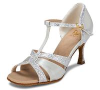 JIAJIA 20519 Latina Sandalias De Mujer 7,5cm Talón Acampanado Super Satinado Zapatos de Baile Color Plateado, Tamaño 40 EU