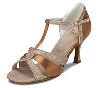 JIAJIA 20519 Latina Sandalias De Mujer 7,5cm Talón Acampanado Super Satinado Zapatos de Baile Color Marrón,Tamaño 35 EU