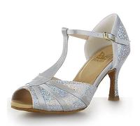 JIAJIA 20519 Sandalias de mujer de 7,5 cm de tacón acampanado Super Satén con purpurina brillante zapatos de baile latino, plata, 38 EU