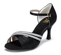 JIAJIA 20524 - Sandalias de baile latino de tacón, descubiertas, supersatinadas y con estrás para mujer, color negro, talla 42