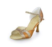 JIAJIA 2057 De Las Mujeres Sandalias de Raso Tacón Acampanado latín Salsa Actuación Zapatos de Baile Color Marrón,Tamaño 40