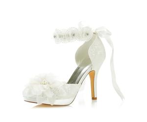 JIAJIA 3703L De Las Mujeres Zapatos de Novia Dedo del pie Cerrado 10cm Tacón de Aguja Cordón Satín Plataforma Zapatillas Flor Lazo de la Cinta Zapatos de Boda Color Marfil,Tamaño 35
