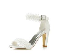 JIAJIA 5471A De Las Mujeres Zapatos de Novia Punta Abierta 8,5cm Tacón de Bloque Encaje Satinado Zapatillas Flor Sandalias Zapatos de Boda Color Marfil,Tamaño 38