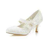 JIAJIA 586449B De Las Mujeres Zapatos de Novia Dedo del pie Cerrado 6,5cm Tacón de Aguja Encaje Satinado Zapatillas Flor Imitación Zapatos de Boda Color Marfil,Tamaño 38