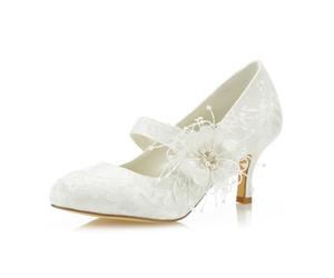 JIAJIA 586449B De Las Mujeres Zapatos de Novia Dedo del pie Cerrado 6,5cm Tacón de Aguja Encaje Satinado Zapatillas Flor Imitación Zapatos de Boda Color Marfil,Tamaño 38