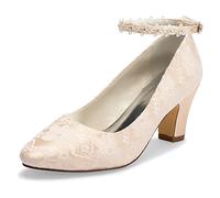 JIAJIA 62311A De Las Mujeres Zapatos de Novia Dedo del pie Cerrado 7cm Talón Grueso Cordón Bombas de satén Zapatos de Boda de Flores Color Champán,Tamaño 39