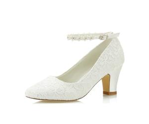 JIAJIA 62311A De Las Mujeres Zapatos de Novia Dedo del pie Cerrado 7cm Talón Grueso Cordón Bombas de satén Zapatos de Boda de Flores