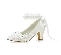 JIAJIA 62311B De Las Mujeres Zapatos de Novia Dedo del pie Cerrado 7cm Talón Grueso Cordón Bombas de satén Zapatos de Boda de Flores Color Marfil,Tamaño 35