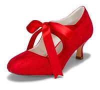 JIAJIA Bridal 140311 Satén de Encaje de Tacón Bajo Cerrado Baile de Salón Zapatos de Baile de La Boda Wommen Pumps Color Rojo,Tamaño 35