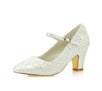 JIAJIA Mrs Right 62311C De Las Mujeres Zapatos de Novia Dedo del pie Cerrado Talón Grueso Cordón Bombas de satén Zapatos de Boda de Color Marfil,Tamaño 36