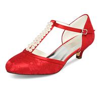 JIAJIA Zapatos de Novia de Las Mujeres 01129 Cerrado Dedo del Pie Correa en T Bajo Talón Satén de Encaje Bombas de Imitación Zapatos de Boda Color Rojo,Tamaño 38