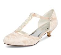 JIAJIA Zapatos de Novia de Las Mujeres 01129 Cerrado Dedo del Pie Correa en T Bajo Talón Satén de Encaje Bombas de Imitación Zapatos de Boda Color Champán,Tamaño 41