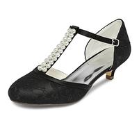 JIAJIA Zapatos de Novia de Las Mujeres 01129 Cerrado Dedo del Pie Correa en T Bajo Talón Satén de Encaje Bombas de Imitación Zapatos de Boda Color Negro,Tamaño 38