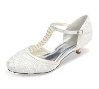 JIAJIA Zapatos de Novia de Las Mujeres 01129 Cerrado Dedo del Pie Correa en T Bajo Talón Satén de Encaje Bombas de Imitación Zapatos de Boda Color Marfil,Tamaño 39
