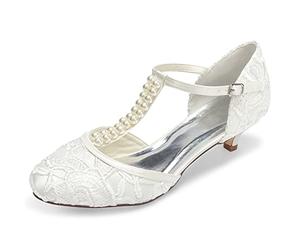JIAJIA Zapatos de Novia de Las Mujeres 01129 Cerrado Dedo del Pie Correa en T Bajo Talón Satén de Encaje Bombas de Imitación Zapatos de Boda Color Marfil,Tamaño 38