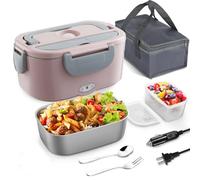 JIAKANUO Fiambrera eléctrica portátil con contenedor SS de 1,5 L, a prueba de fugas, 220 V/12 V/24 V, coche, oficina, tronco 3 en 1, con tenedor y cuchara y bolsa de almuerzo aislada (rosa)