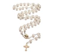 Jiali Q Collar de rosario de perlas de cristal blanco con forma de cruz redonda, estilo vintage, para oraciones y bendiciones, cadena de perlas de 56 cm, cruz de 2,9 cm, perlas blancas de 0,8 cm, L