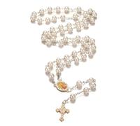Jiali Q Collar de rosario de perlas de cristal blanco con forma de cruz redonda, estilo vintage, para oraciones y bendiciones, cadena de perlas de 56 cm, cruz de 2,9 cm, perlas blancas de 0,8 cm, L