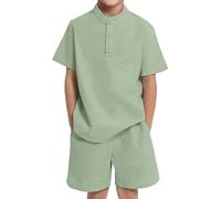 JiAmy Conjunto de 2 piezas de ropa para niños, cuello Henley, manga corta con pantalones cortos, conjunto casual de verano de algodón para niños de 5 a 14 años, verde claro, 5-6 años