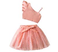 JiAmy Conjunto de 2 piezas para niñas, camiseta de punto y falda de tul de lentejuelas, un hombro, conjunto de fiesta de verano para niñas de 2 a 9 años, rosa, 6-7 años