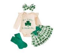JiAmy Conjunto de 4 piezas para recién nacidas para el primer día de San Valentín, mameluco con falda, diadema, leggings, calcetines, 0-18 meses, Día de San Patricio, verde 1er, 0-3 Months