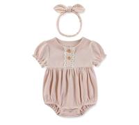 JiAmy Conjunto de body de algodón de manga corta para recién nacido, traje de una pieza con diadema para niños y niñas de 3 a 18 meses, Rosa liso, 12-18 Months