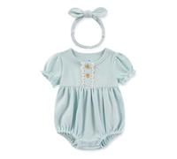 JiAmy Conjunto de body de algodón de manga corta para recién nacido, traje de una pieza con diadema para niños y niñas de 3 a 18 meses, Azul liso, 9-12 Months
