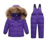 JiAmy Conjunto de Esquí 2 Piezas Traje de Nieve - Chaqueta con Capucha + Pantalón de Esquí Niños Niñas Traje de Esquí Abrigos de Pluma Pantalones de nieve de Babero Impermeable, Púrpura 18-24 Mesi