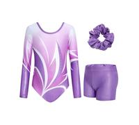 JiAmy Conjunto de leotardos de gimnasia para niñas con pantalones cortos, conjunto de manga larga para niños de 3 a 12 años, Juego de geometría morada, 9-10 años