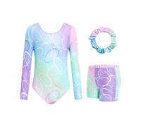 JiAmy Conjunto de leotardos de gimnasia para niñas con pantalones cortos, conjunto de manga larga para niños de 3 a 12 años, Juego de geometría colorida, 3-4 años